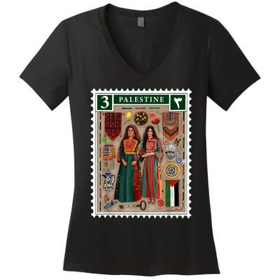 Palestine Stamp Retro Palestine Women Palestinian Flag Gaza Women's V-Neck T-Shirt