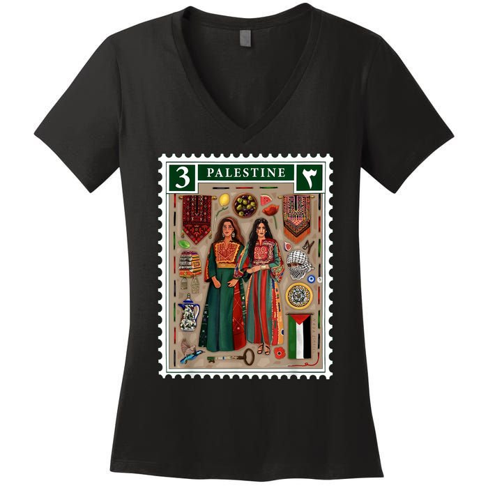 Palestine Stamp Retro Palestine Women Palestinian Flag Gaza Women's V-Neck T-Shirt