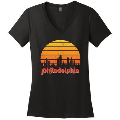 Philadelphia Skyline Retro Sunset Vintage Philly Women's V-Neck T-Shirt