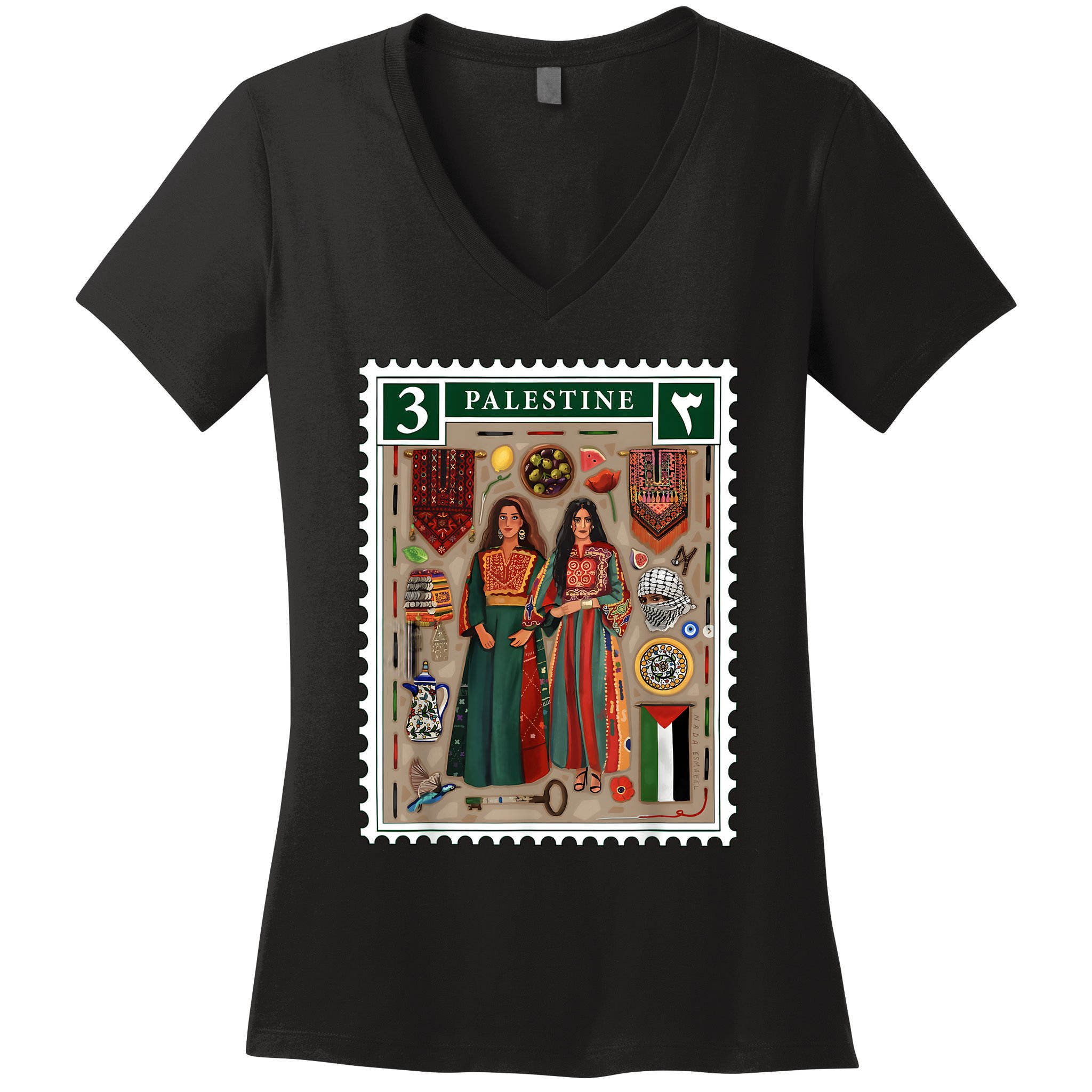 Palestine Stamp Retro Palestine Women Palestinian Flag Gaza Women's V-Neck T-Shirt