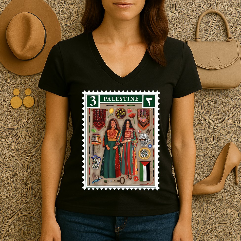 Palestine Stamp Retro Palestine Women Palestinian Flag Gaza Women's V-Neck T-Shirt
