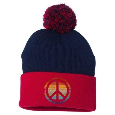 Peace Symbol Retro Pom Pom 12in Knit Beanie