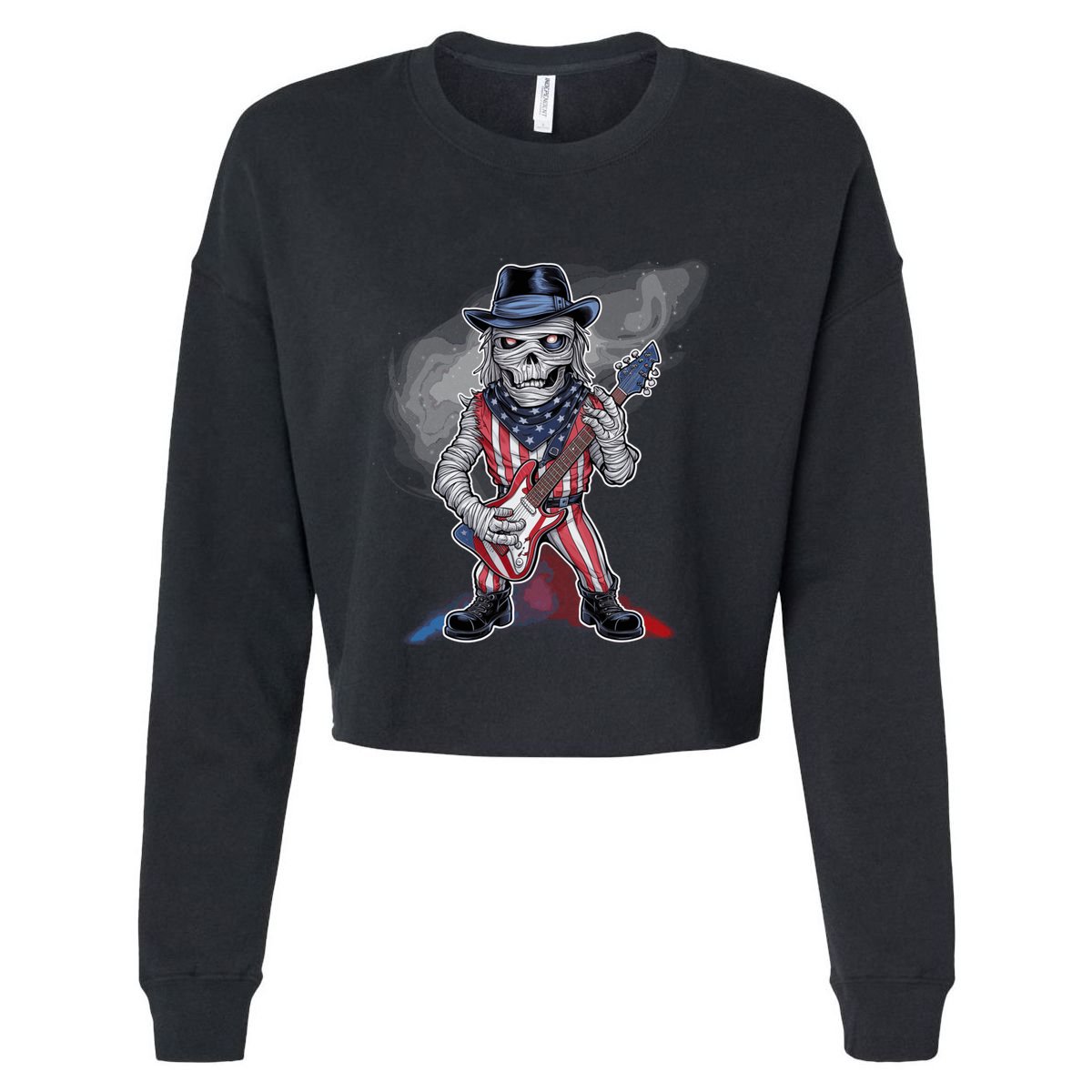 Patriotic Skeleton Rocker Guitar American Flag Halloween Gift Cropped Pullover Crew