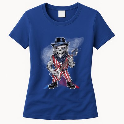 Patriotic Skeleton Rocker Guitar American Flag Halloween Gift Womens T-Shirt