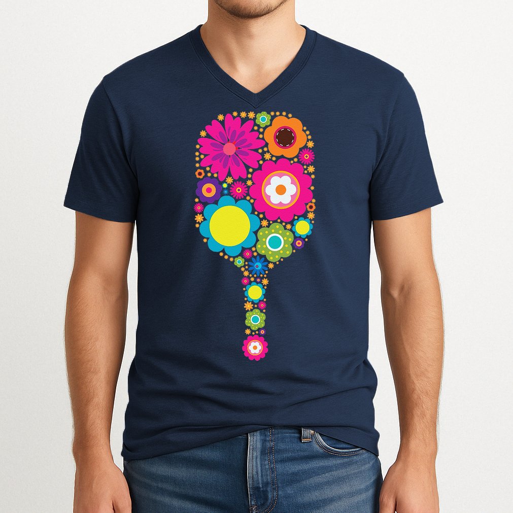 Pickleball Sports Racquet Racket Paddle Flowers V-Neck T-Shirt