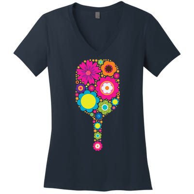 Pickleball Sports Racquet Racket Paddle Flowers Women's V-Neck T-Shirt