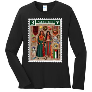 Palestine Stamp Retro Palestine Women Palestinian Flag Gaza Ladies Long Sleeve Shirt