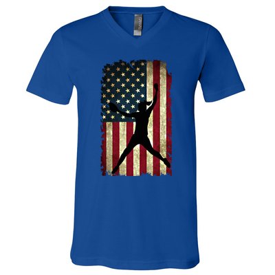 Pitcher Softball Stuff Usa Flag Cute Gift Softballism Gift V-Neck T-Shirt