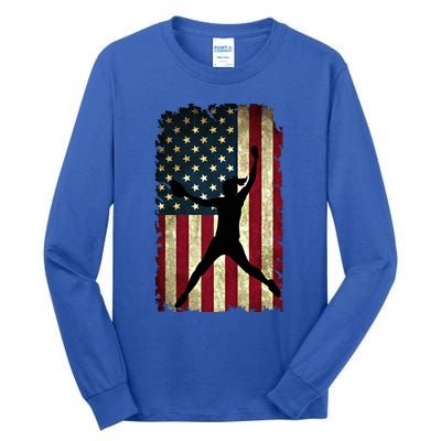 Pitcher Softball Stuff Usa Flag Cute Gift Softballism Gift Tall Long Sleeve T-Shirt