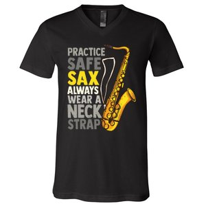 Practice Safe Sax Funny Saxophone Player Jazz Musician Gift V-Neck T-Shirt