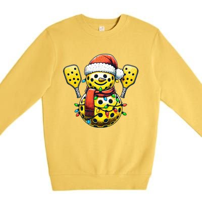 Pickleball Snowman Santa Hat Lights Christmas Pickleball  Premium Crewneck Sweatshirt