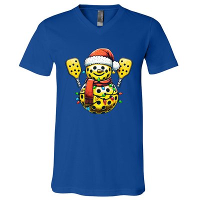 Pickleball Snowman Santa Hat Lights Christmas Pickleball  V-Neck T-Shirt