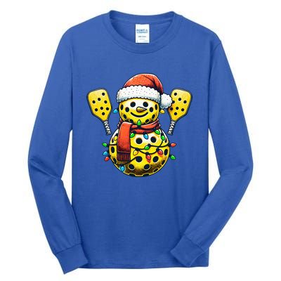 Pickleball Snowman Santa Hat Lights Christmas Pickleball  Tall Long Sleeve T-Shirt