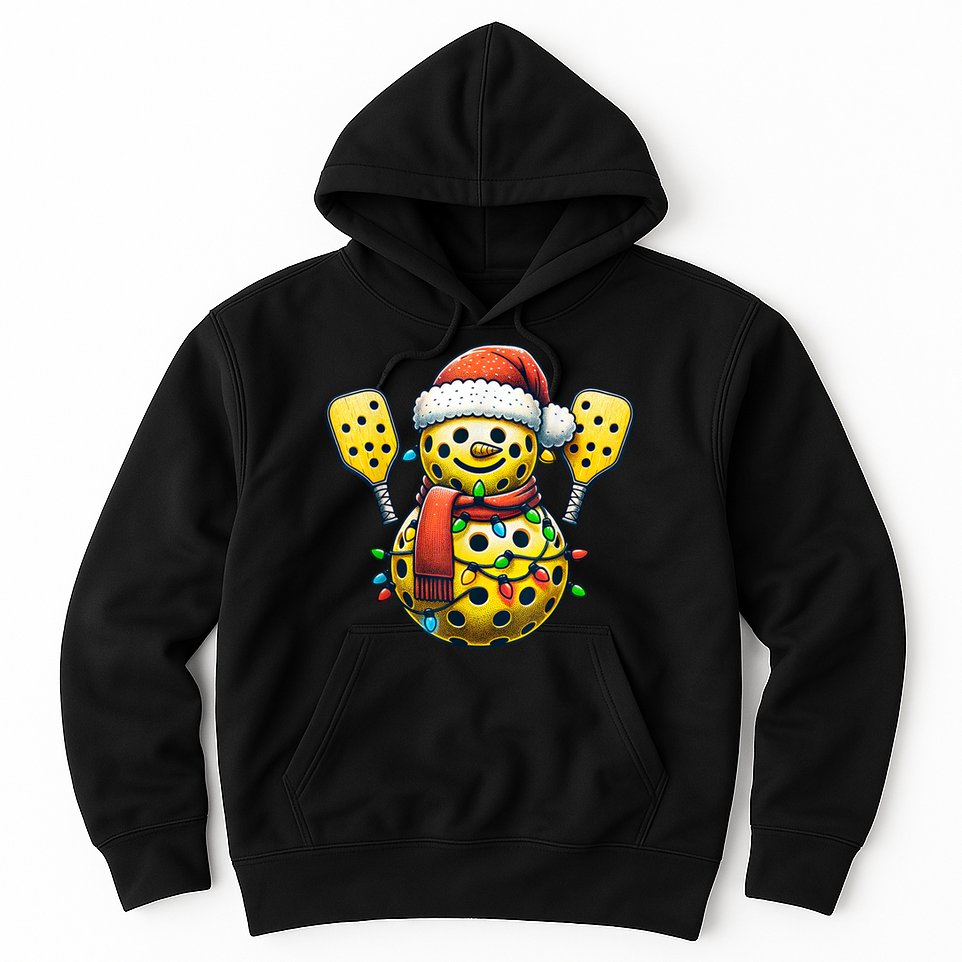 Pickleball Snowman Santa Hat Lights Christmas Pickleball Hoodie