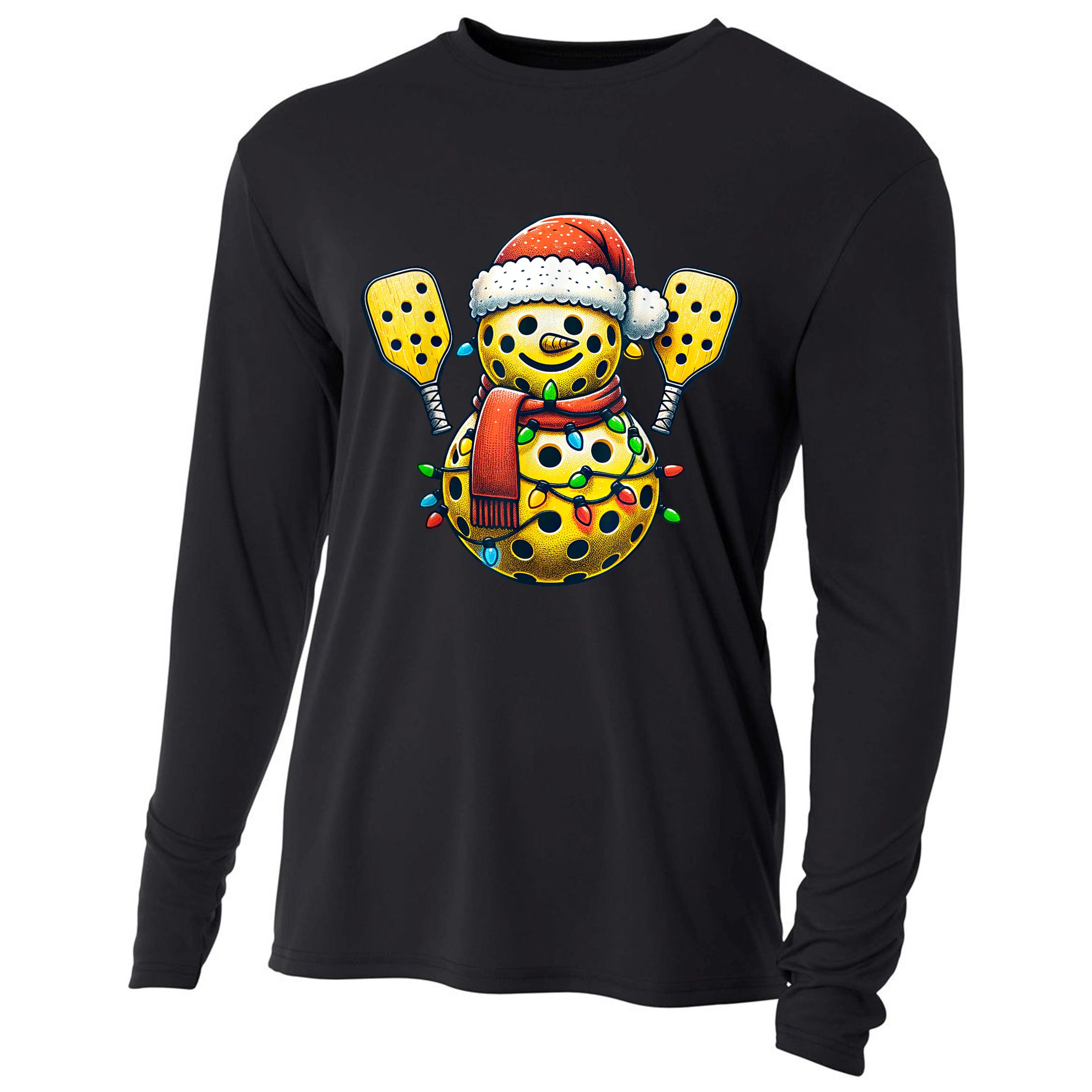 Pickleball Snowman Santa Hat Lights Christmas Pickleball Cooling Performance Long Sleeve Crew