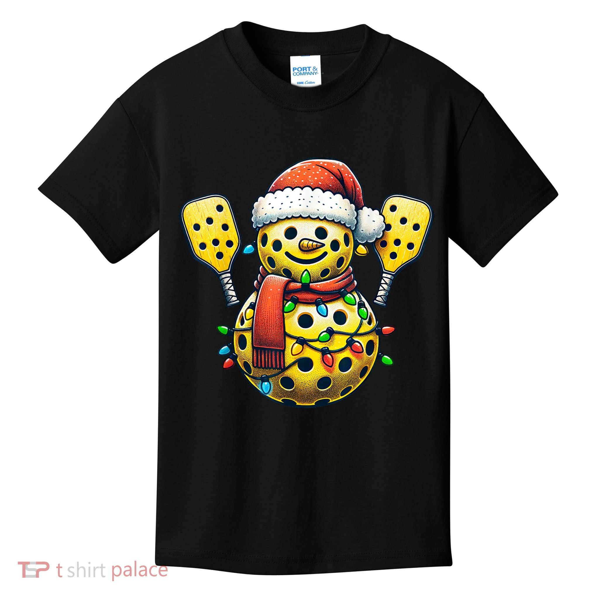 Pickleball Snowman Santa Hat Lights Christmas Pickleball Kids T-Shirt