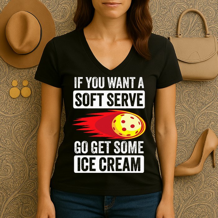 Pickleball Soft Serve Ice Cream Funny Pickleball Women's V-Neck T-Shirt