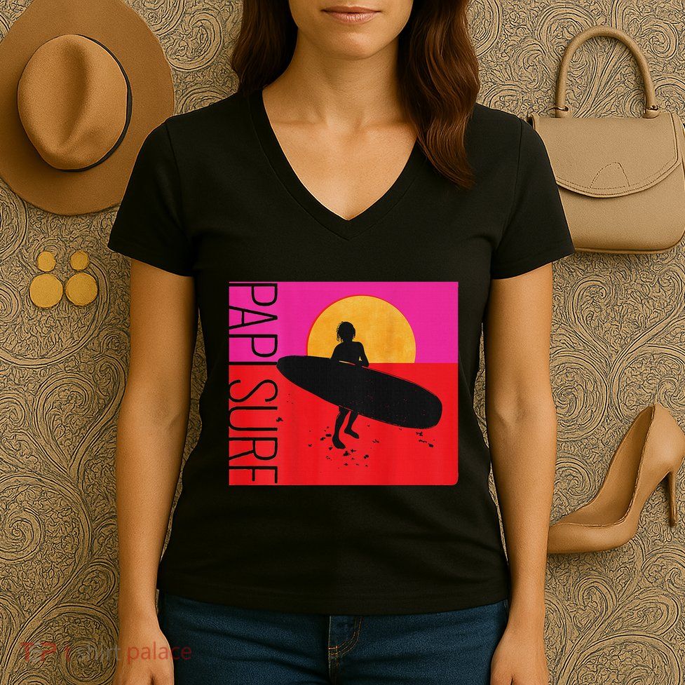 Papi Surf Sunset Surfboard Women's V-Neck T-Shirt