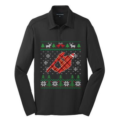 Plaid Snowboarder Santa Hat Snowboarding Dad Ugly Christmas Gift Silk Touch Performance Long Sleeve Polo