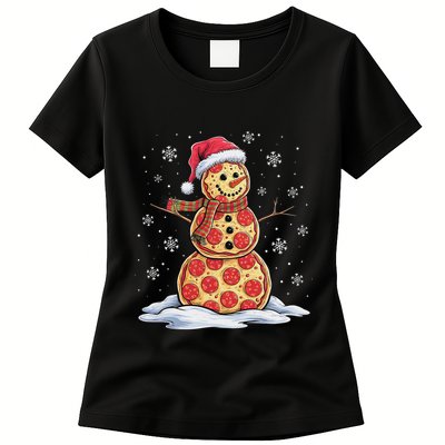 Pizza Snowman Santa Hat Christmas Pizza Party Funny Womens T-Shirt