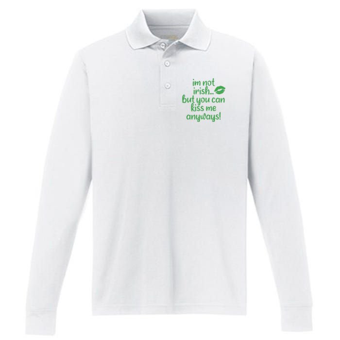 Plus Size St Patrick's Day Shirt, I'm Not Irish But You Can Kiss Me Anyway Performance Long Sleeve Polo