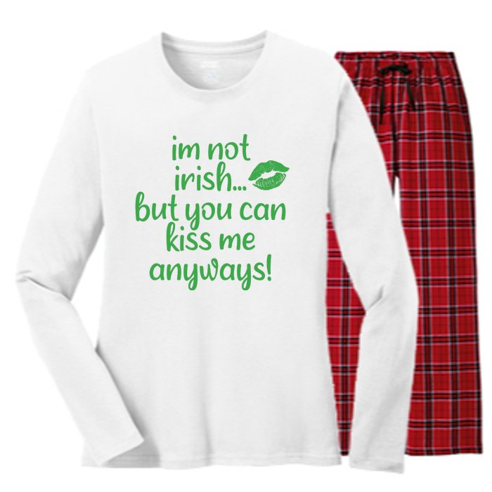 Plus Size St Patrick's Day Shirt, I'm Not Irish But You Can Kiss Me Anyway Women's Long Sleeve Flannel Pajama Set 