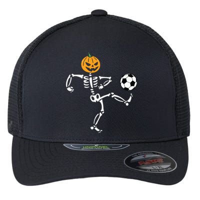 Pumpkin Skeleton Soccer Player Halloween Boy Soccer Flexfit Unipanel Trucker Cap