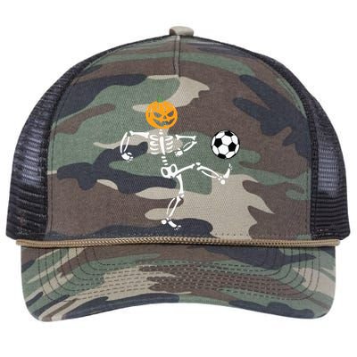 Pumpkin Skeleton Soccer Player Halloween Boy Soccer Retro Rope Trucker Hat Cap