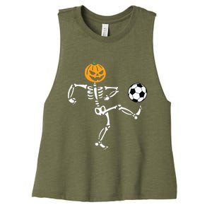 Pumpkin Skeleton Soccer Player Halloween Boy Soccer Women's Racerback Cropped Tank