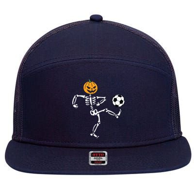 Pumpkin Skeleton Soccer Player Halloween Boy Soccer 7 Panel Mesh Trucker Snapback Hat