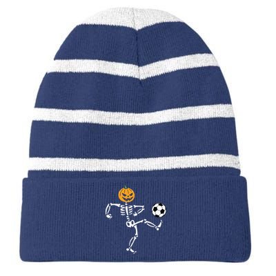 Pumpkin Skeleton Soccer Player Halloween Boy Soccer Striped Beanie with Solid Band