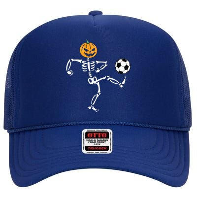 Pumpkin Skeleton Soccer Player Halloween Boy Soccer High Crown Mesh Back Trucker Hat