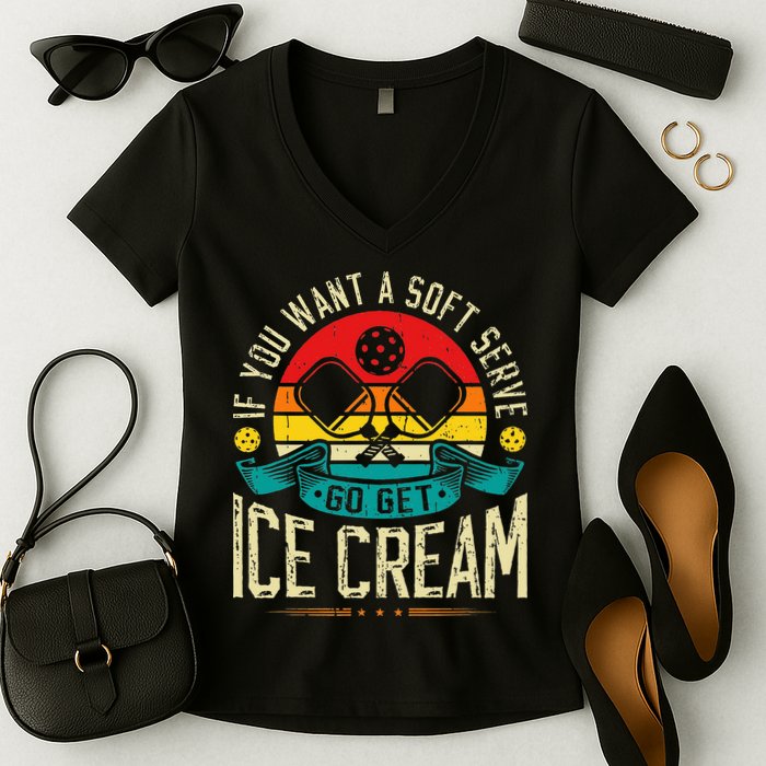 Pickleball Soft Serve Ice Cream Pickleball Player Women's V-Neck T-Shirt