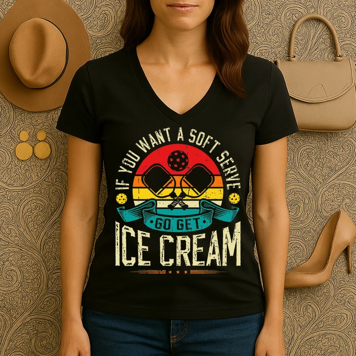 Pickleball Soft Serve Ice Cream Pickleball Player Women's V-Neck T-Shirt