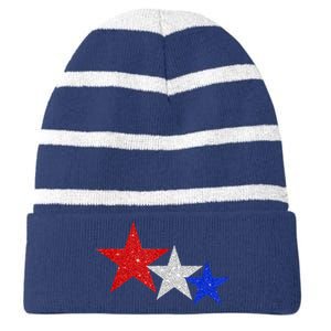 Patriotic Stars Sparkle Red White Blue American 4th Of July Striped Beanie with Solid Band