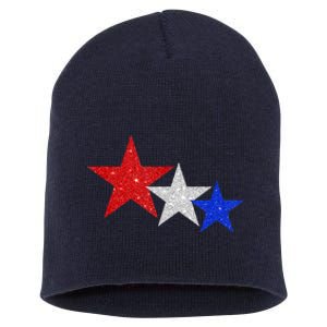 Patriotic Stars Sparkle Red White Blue American 4th Of July Short Acrylic Beanie