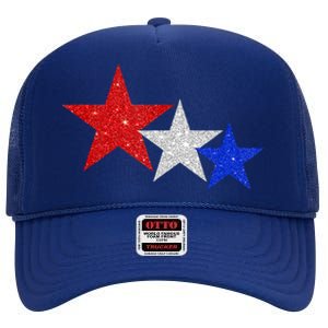 Patriotic Stars Sparkle Red White Blue American 4th Of July High Crown Mesh Back Trucker Hat