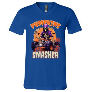 Pumpkins Smasher Skeleton Monster Truck Lover Gift V-Neck T-Shirt