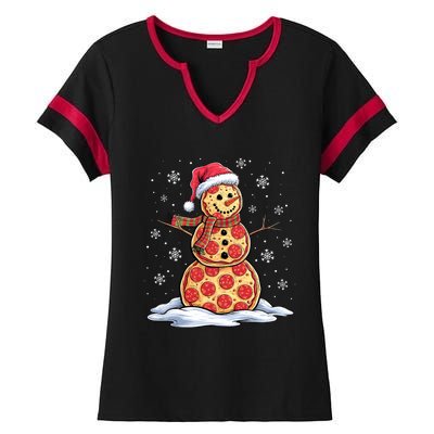 Pizza Snowman Santa Hat Christmas Pizza Party Funny Ladies Halftime Notch Neck Tee