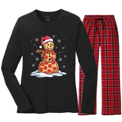 Pizza Snowman Santa Hat Christmas Pizza Party Funny Women's Long Sleeve Flannel Pajama Set 