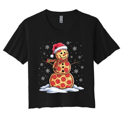 Pizza Snowman Santa Hat Christmas Pizza Party Funny Women's Crop Top Tee