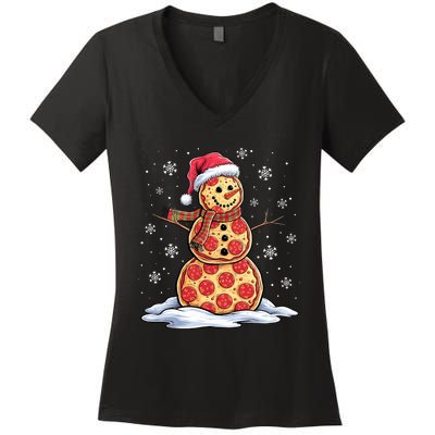 Pizza Snowman Santa Hat Christmas Pizza Party Funny Women's V-Neck T-Shirt