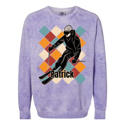 Patrick Skiing Slopes Vintage Skier Name Funny Gift Colorblast Crewneck Sweatshirt