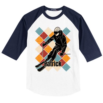 Patrick Skiing Slopes Vintage Skier Name Funny Gift Baseball Sleeve Shirt