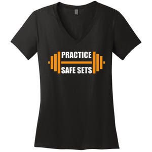 Practice Safe Sets Funny Weightlifting Women's V-Neck T-Shirt