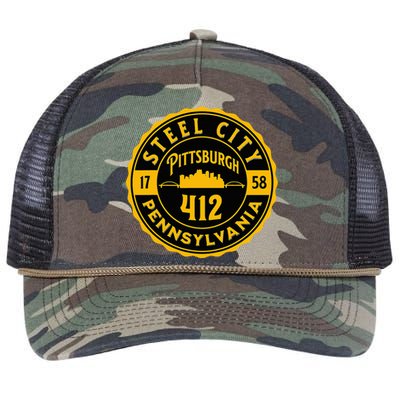 Pittsburgh Skyline Steel City 412 Pennsylvania Home Vintage Retro Rope Trucker Hat Cap