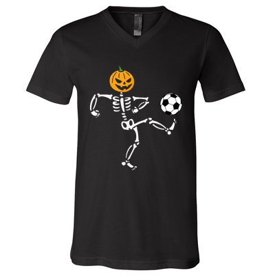 Pumpkin Skeleton Soccer Player Halloween Soccer V-Neck T-Shirt