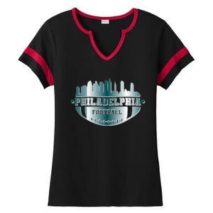 Philadelphia Skyline Shaped Into Football Ladies Halftime Notch Neck Tee