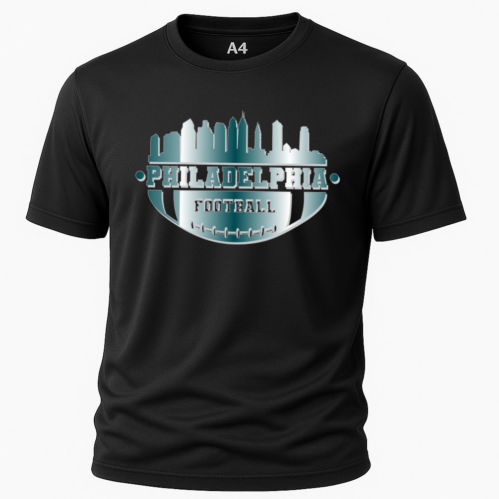 Philadelphia Skyline Shaped Into Football Cooling Performance Crew T-Shirt