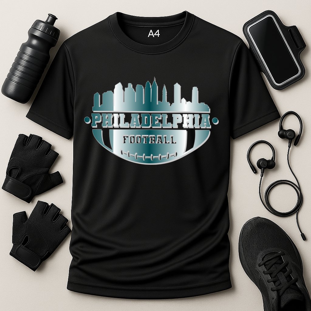Philadelphia Skyline Shaped Into Football Cooling Performance Crew T-Shirt